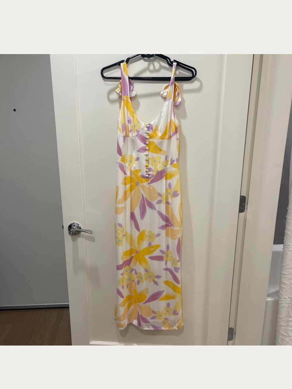 Sabo Skirt Floral Tie-Shoulder Midi Dress in White, Yellow & Pink